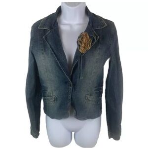 Hydraulic Vtg Jean Jacket Sz M Fabric Flower Double Back Vents Y2K Stretch Denim